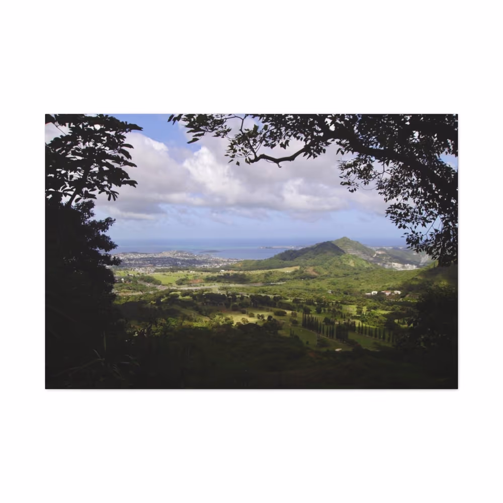 Oahu Hawaii View Canvas Wrap, Mountain Framed by Trees canvas wall art by Jess LeFevre