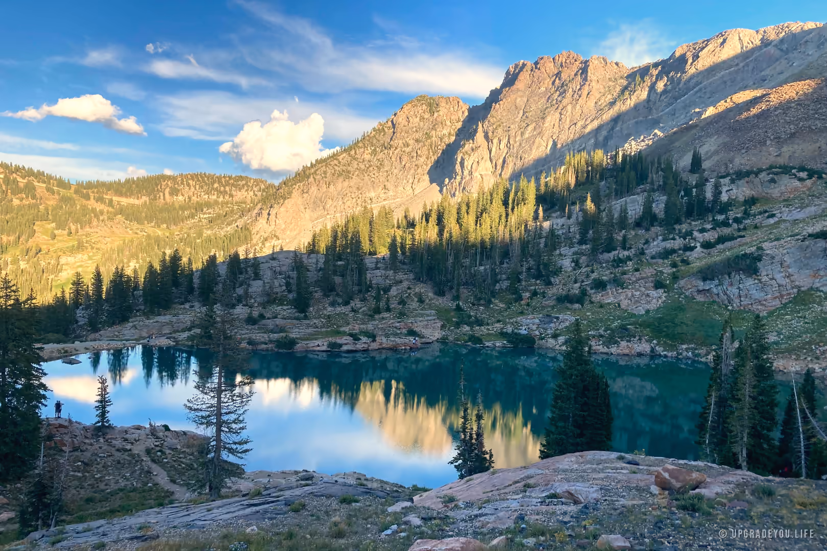 Cecret Lake, en turkos alpsjö i Utahs berg omgiven av tallar och kantiga granittoppar under klar himmel