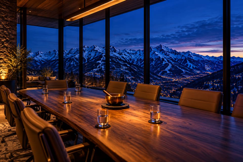 A quiet mountain boardroom at blue hour, a walnut table set with water and a brass bowl before a session