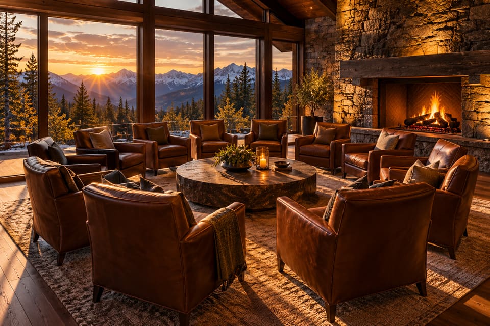A mountain lodge meeting room at golden hour, leather armchairs in a circle near a glowing stone fireplace