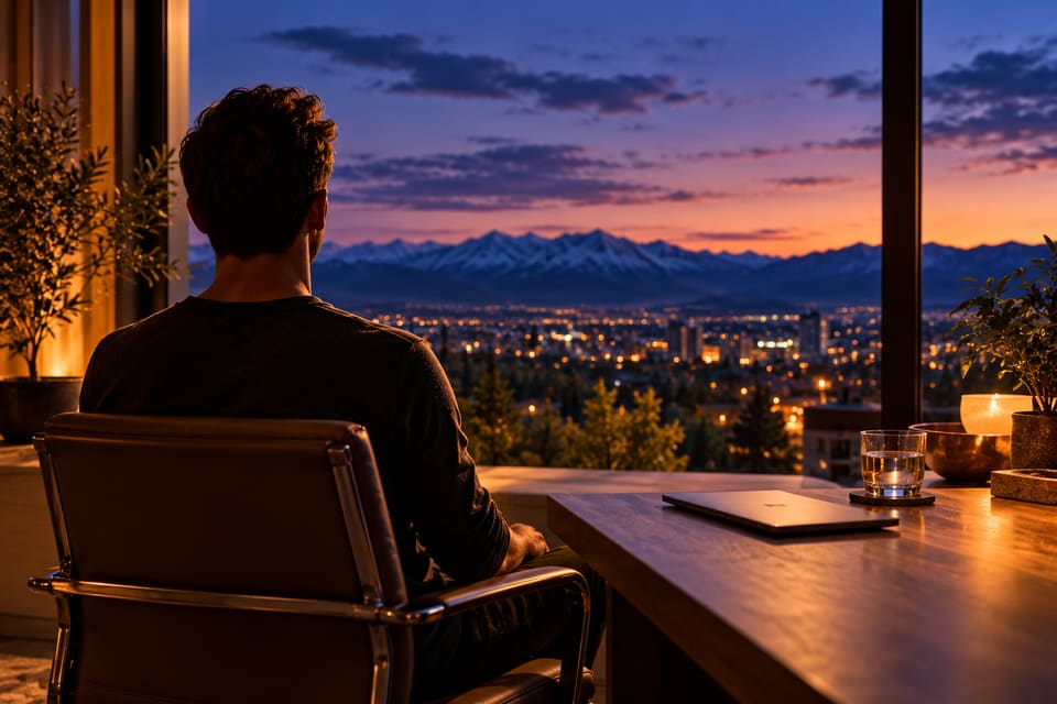 A person seen from behind at a desk by a window at dusk, a closed laptop and a glass of water beside them