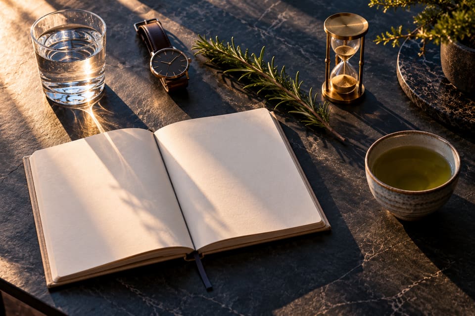A notebook, a glass of water, a watch, rosemary and a brass hourglass on a dark slate desk in morning light