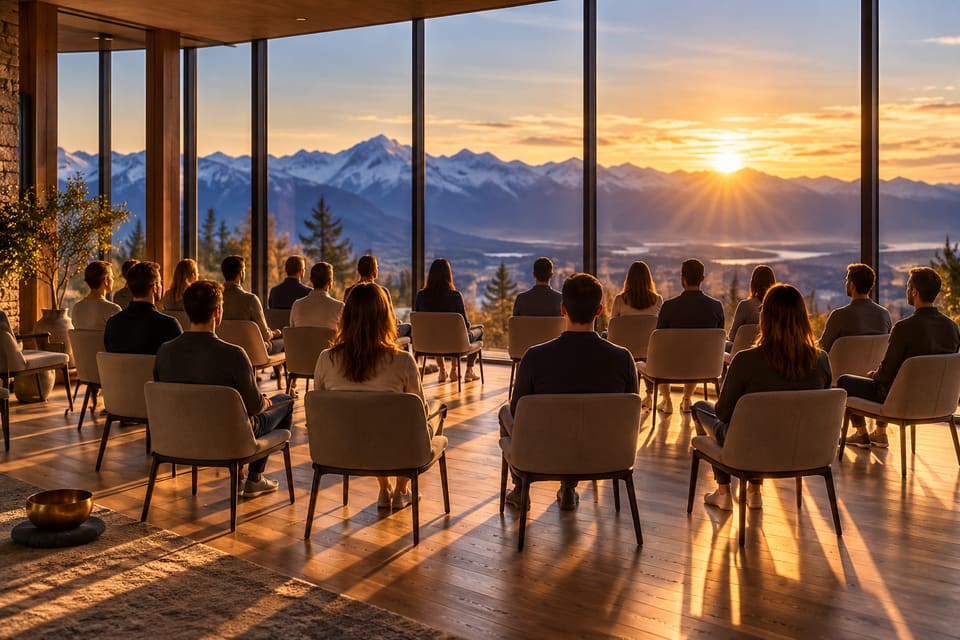 A sunlit workshop room facing the mountains, a group seen from behind sitting tall in rows of chairs